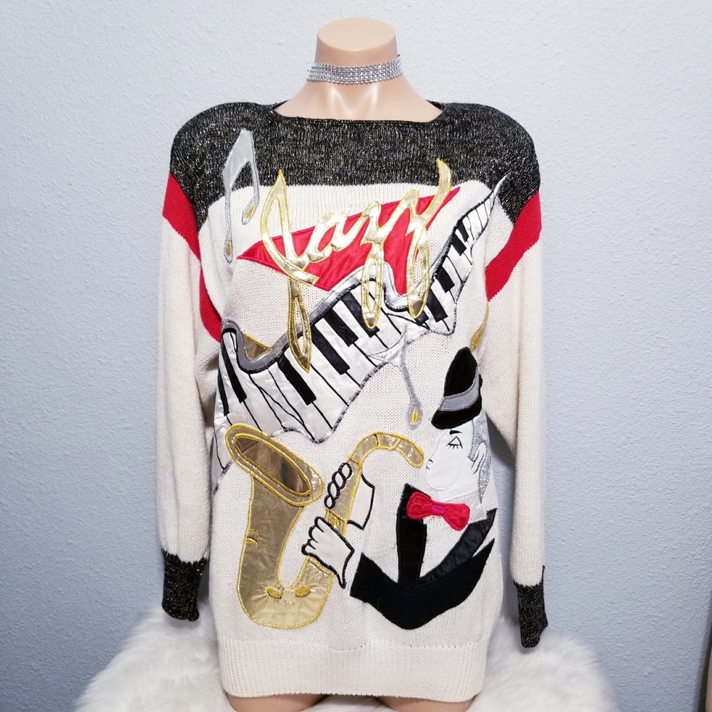 Vintage retro 80's glam JAZZ piano music party gold sweater SMALL - Picture 1 of 10